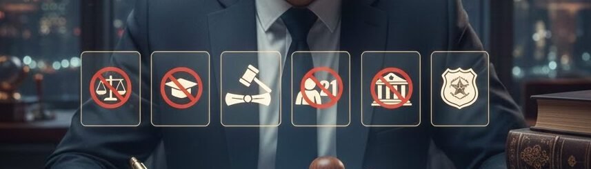 صورة تعبيرية لمحامي يوضح الفئات الممنوعة من تأسيس منشأة فردية في مصر - شعارات المحامين وأعضاء هيئة التدريس والقضاة مع علامة الحظر.