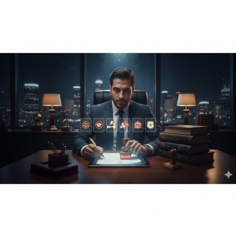 صورة تعبيرية لمحامي يوضح الفئات الممنوعة من تأسيس منشأة فردية في مصر - شعارات المحامين وأعضاء هيئة التدريس والقضاة مع علامة الحظر.