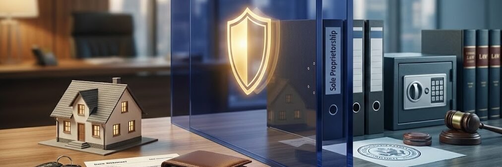 مفهوم شركة الشخص الواحد، توضح فصل الذمة المالية بين الأصول الشخصية وأصول الشركة عبر حاجز قانوني شفاف في مكتب محاماة
