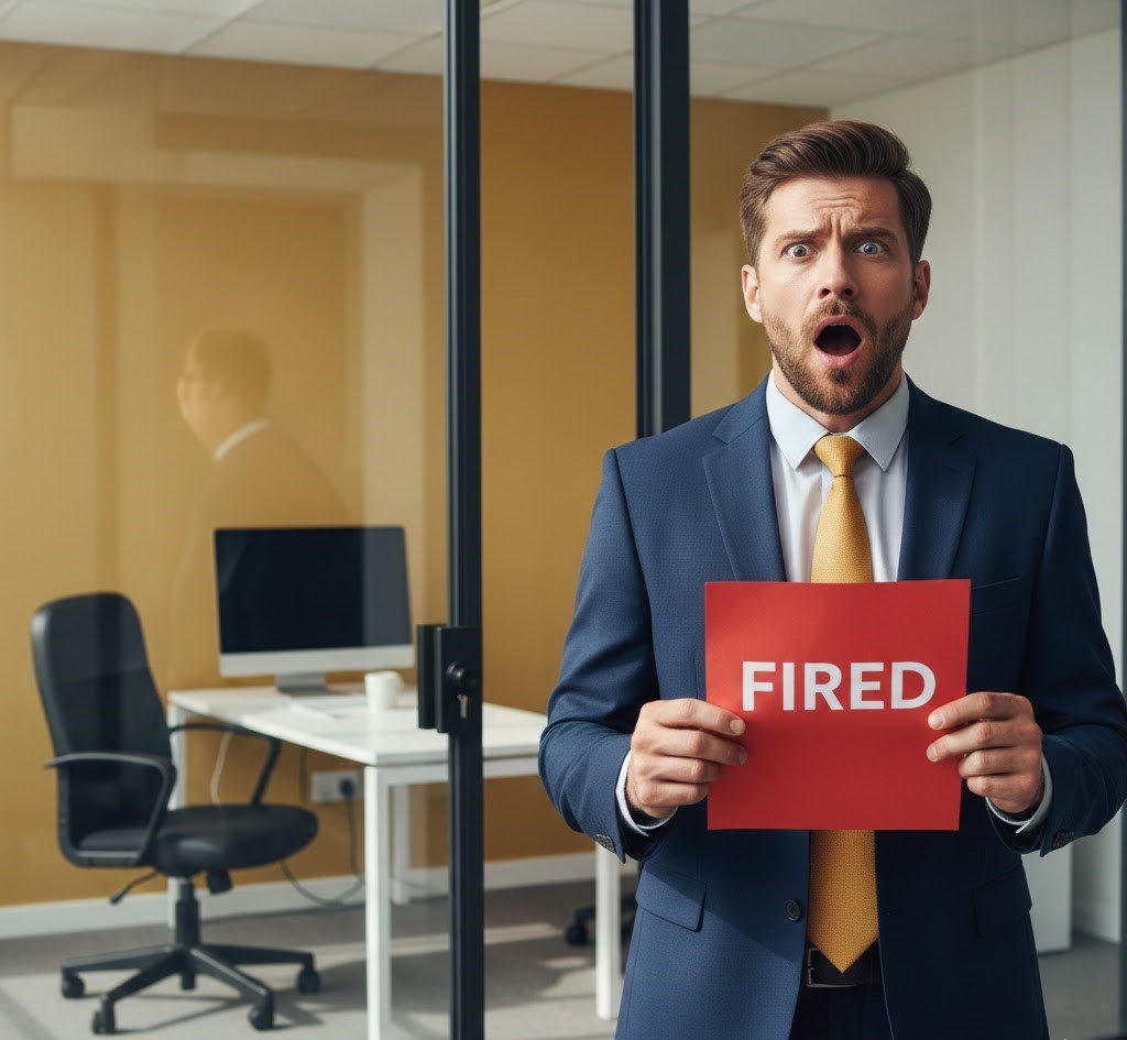 موظف مصدوم يحمل إشعار فصل تعسفي أمام مكتب الموارد البشرية، مع نص "الفصل التعسفي: اعرف حقوقك