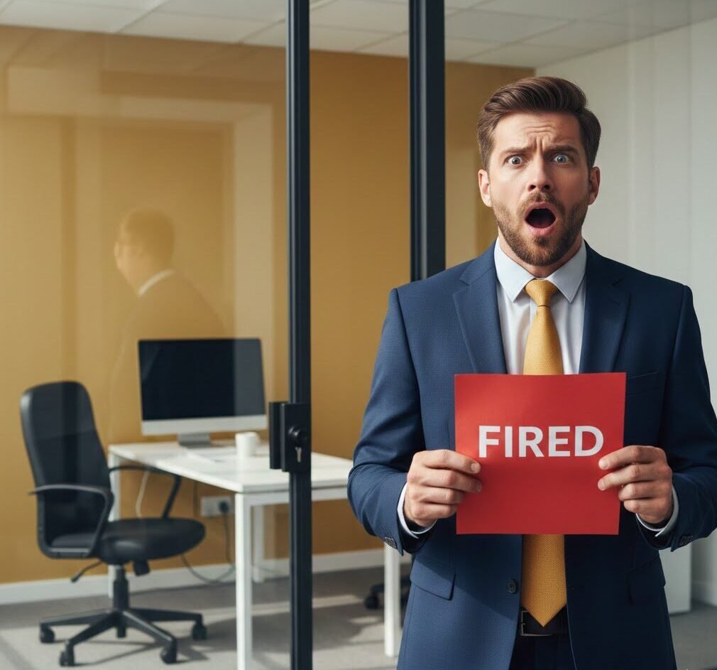 موظف مصدوم يحمل إشعار فصل تعسفي أمام مكتب الموارد البشرية، مع نص "الفصل التعسفي: اعرف حقوقك