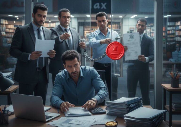 رجل أعمال ناجح في مكتبه، مصدوم من وصول موظفي الضرائب أو الجهات القانونية لوضع شمع أحمر على باب مكتبه، رمزًا لإغلاق المشروع بسبب عدم التسجيل الرسمي والتهرب من الضرائب والمخاطر.