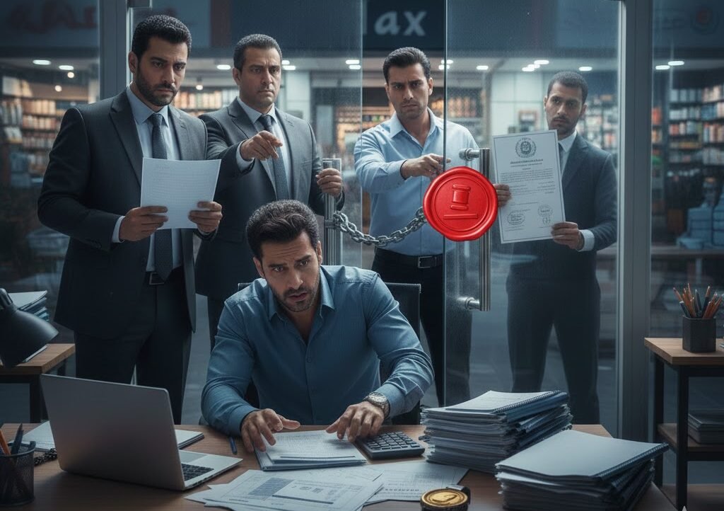 رجل أعمال ناجح في مكتبه، مصدوم من وصول موظفي الضرائب أو الجهات القانونية لوضع شمع أحمر على باب مكتبه، رمزًا لإغلاق المشروع بسبب عدم التسجيل الرسمي والتهرب من الضرائب والمخاطر.