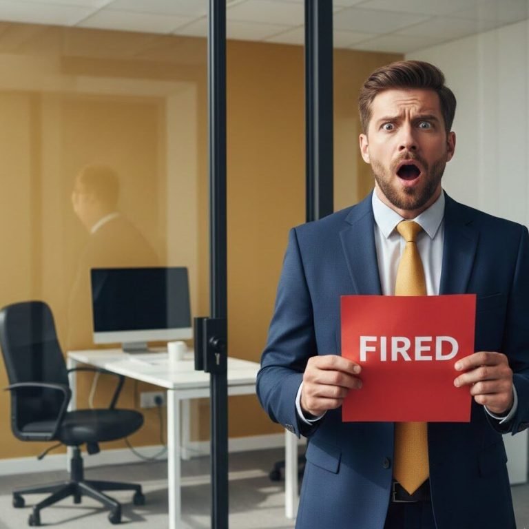 موظف مصدوم يحمل إشعار فصل تعسفي أمام مكتب الموارد البشرية، مع نص "الفصل التعسفي: اعرف حقوقك