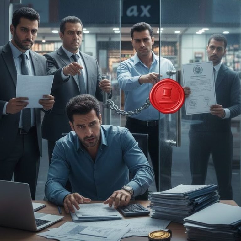 رجل أعمال ناجح في مكتبه، مصدوم من وصول موظفي الضرائب أو الجهات القانونية لوضع شمع أحمر على باب مكتبه، رمزًا لإغلاق المشروع بسبب عدم التسجيل الرسمي والتهرب من الضرائب والمخاطر.